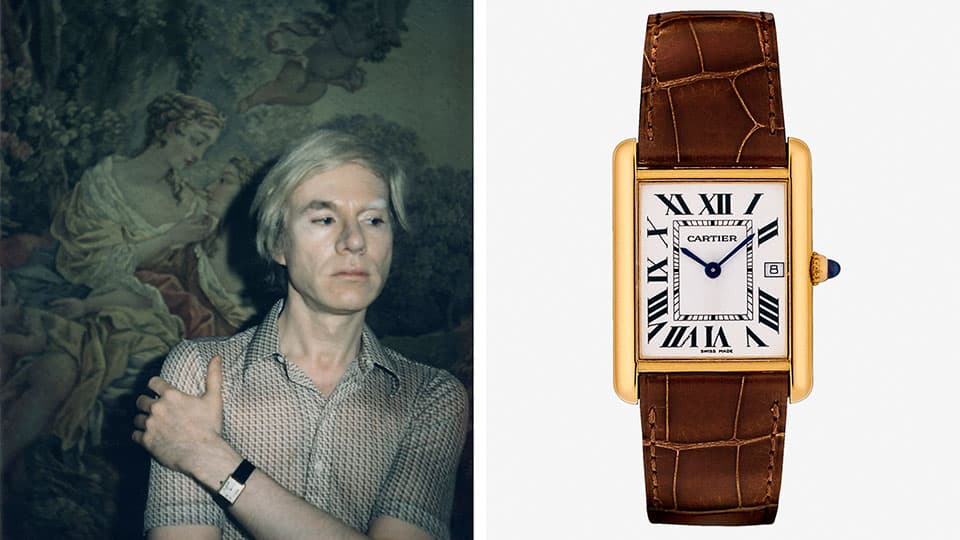 Слева – полароид, на котором изображен Энди Уорхол в часах Tank Cartier, справа – модель Tank Cartier