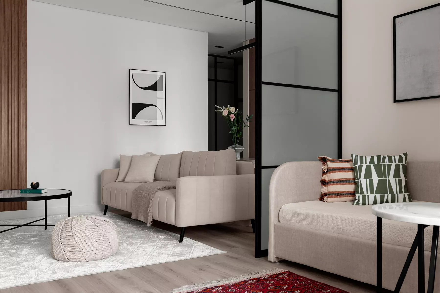 Умиротворенный интерьер квартиры в Алматы с функциональными перегородками — проект Яздурсун Хождабердыевой