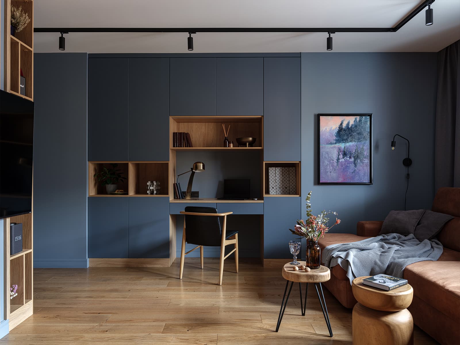 Темные оттенки и фактура дуба в интерьере квартиры с необычной перегородкой — проект Наталии Варнавской