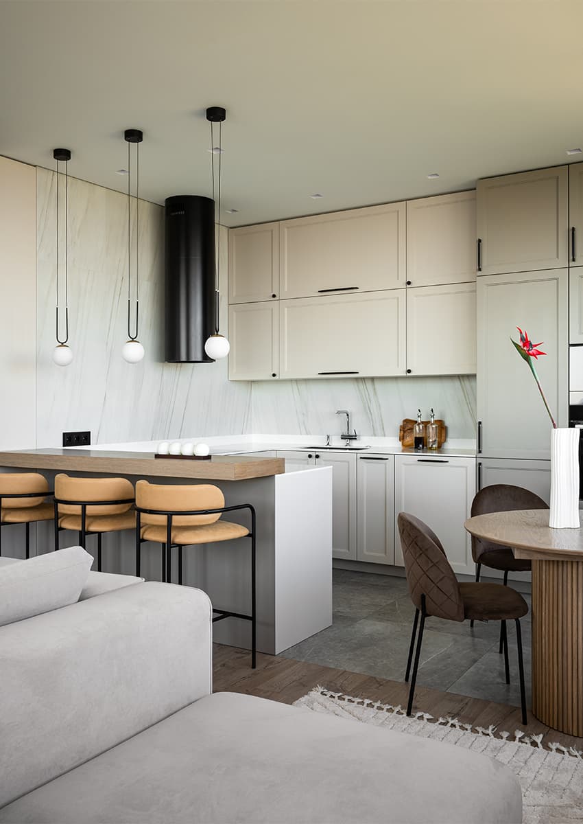 Гостеприимный интерьер квартиры с оригинальным несущим пилоном — проект Анны Лисимовой