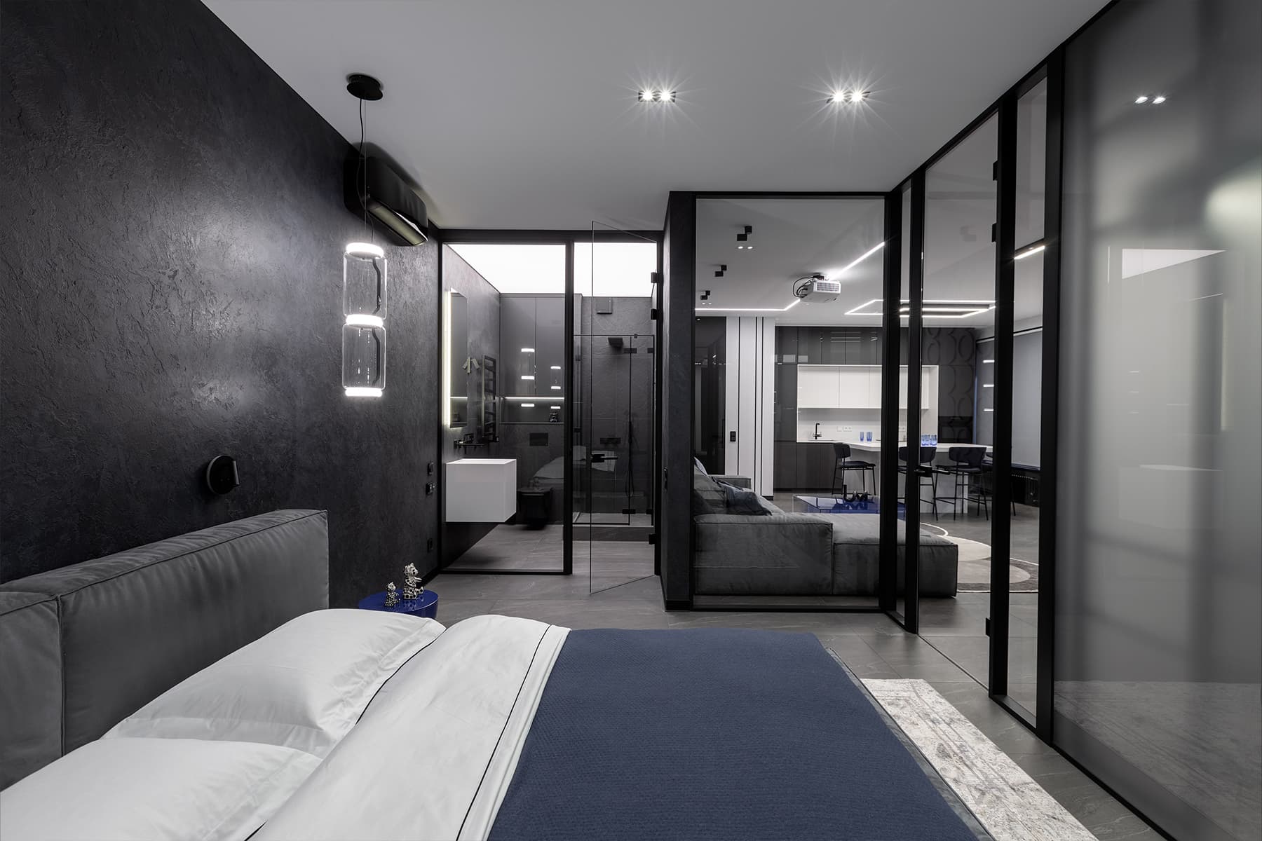 Голубое стекло и ощущение воздуха в современном интерьере для студента — проект design studio Galitarova w3